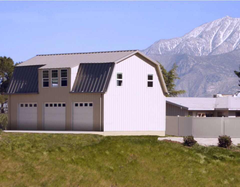 Modern galvanized steel barndominiums in Picture Rocks, Arizona, featuring sleek design and durable construction