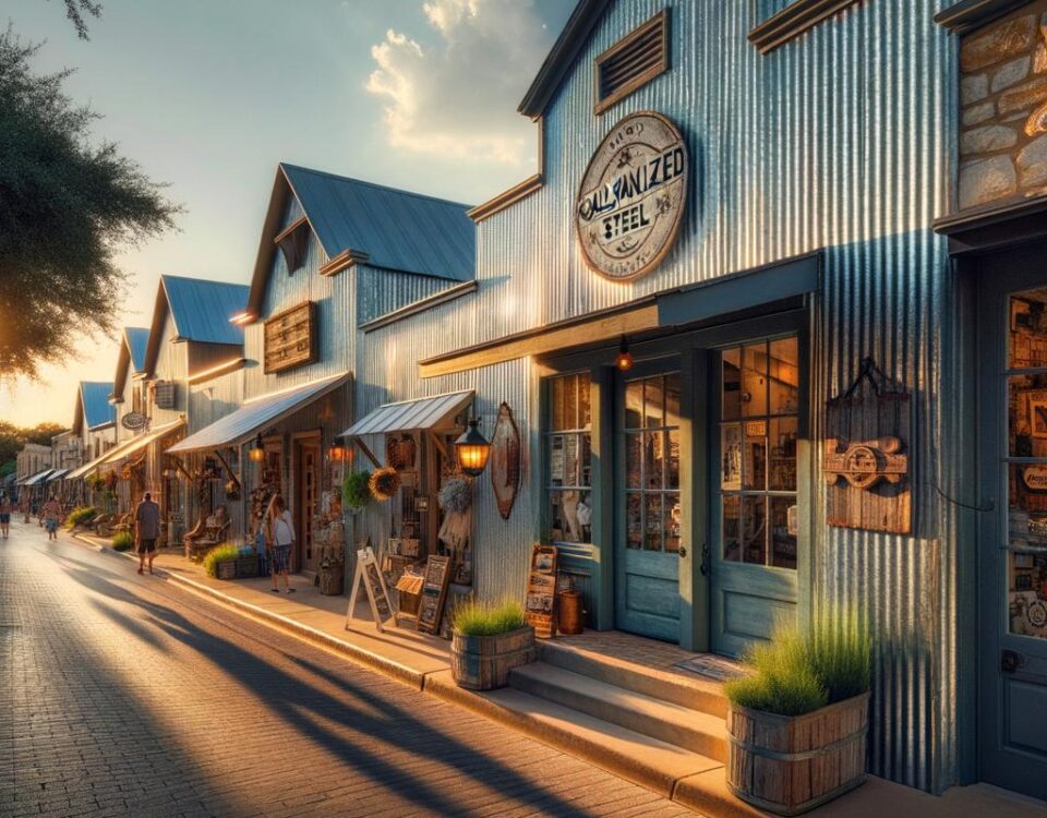 Image of galvanized steel shops in Cameron Park, Texas, showcasing durable construction and design