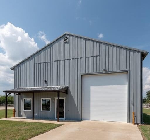 Image of galvanized steel shops in Cameron Park, Texas, showcasing modern architecture and industrial design