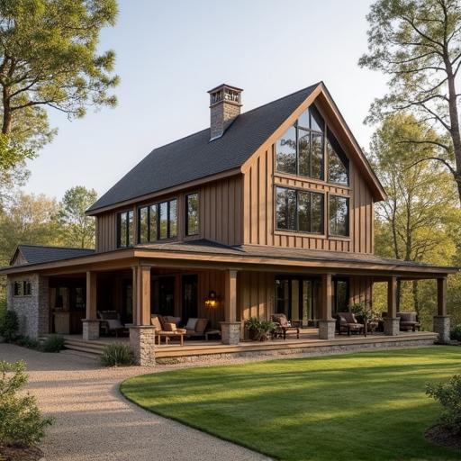 The interior of a stunning 5 bedroom barndominium featuring open living spaces and high ceilings