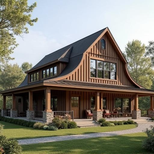 A peaceful landscape featuring completed BARNDOMINIUM HOME KITS, showcasing unique architectural styles and outdoor settings