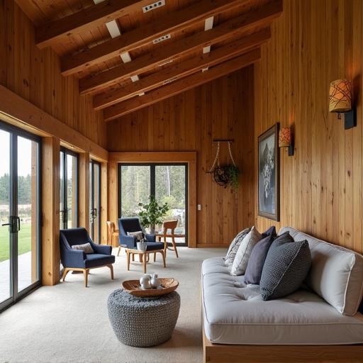 Cozy barndominium interior design featuring wooden beams and modern furnishings for a warm, inviting atmosphere