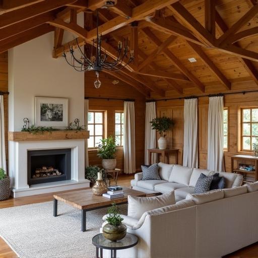 Bright barndominium interiors showcasing an open floor plan with elegant finishes and country charm