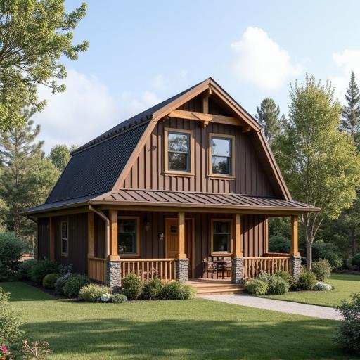 Exterior view of a barndominium manufactured home featuring unique architecture and expansive outdoor space