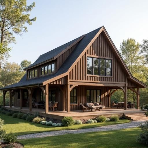 Stylish barndominium modular home with a unique design, showcasing open living spaces and rustic appeal