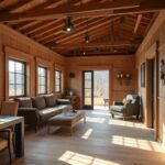 A cozy barndominium with loft space, featuring rustic design and expansive windows for natural light.
