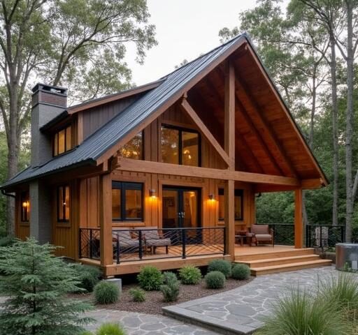 A stunning barn dominium wrap around porch showcasing beautiful views and ample space for relaxation and gatherings.