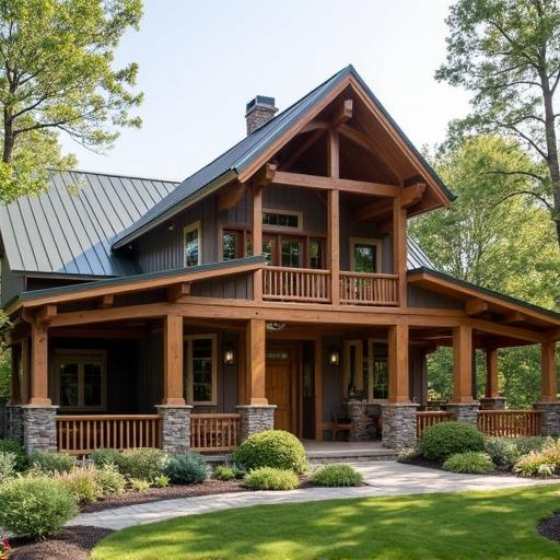 The charming barn dominium wrap around porch features cozy seating and a scenic rural backdrop for outdoor enjoyment