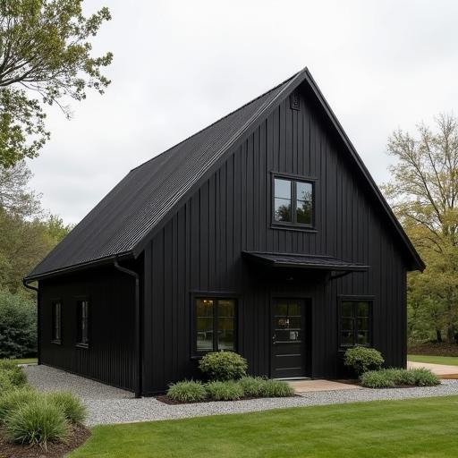 Interior of a modern black barndominium showcasing open space and rustic decor elements