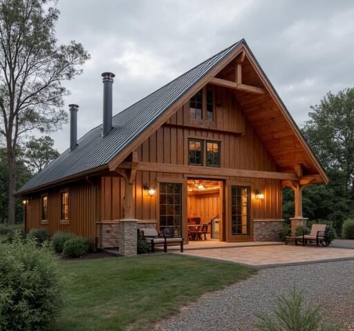 A cozy cheap barndominium with wooden beams and rustic decor in a peaceful countryside setting.