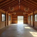 A modern interior barndominium featuring open spaces, rustic decor, and large windows.