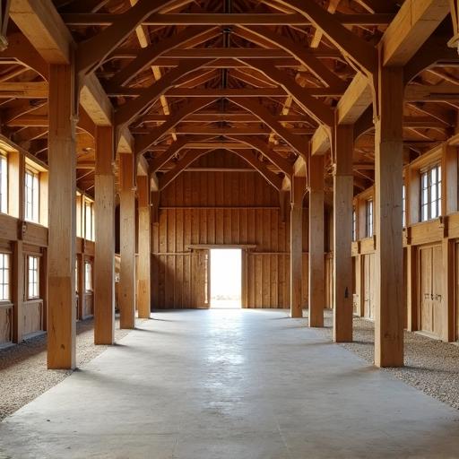 Stylish kitchen and living area inside a cozy interior barndominium with wooden beams and a farm-style vibe