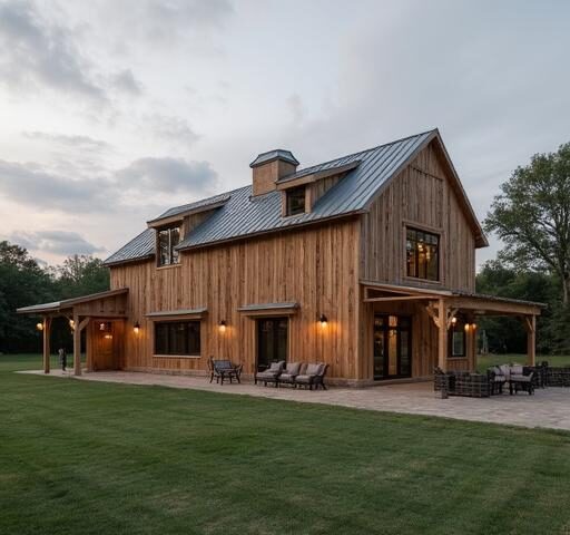 A beautiful L shaped barndominium showcasing modern architecture and spacious living areas.