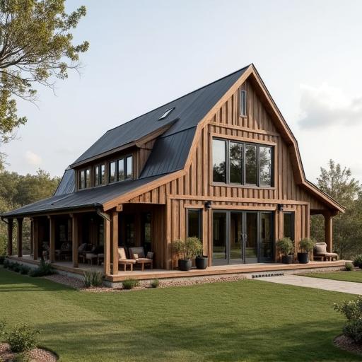The stunning interior of an L shaped barndominium featuring open concept design and natural light