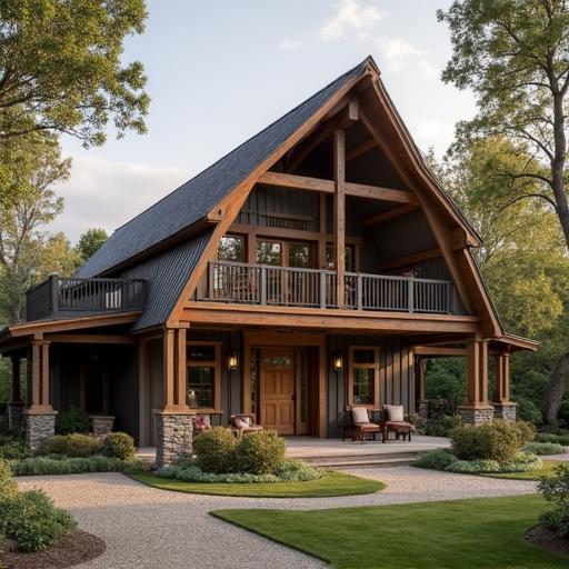 Elegant luxury barndominium featuring spacious interiors and high-end finishes surrounded by lush landscapes