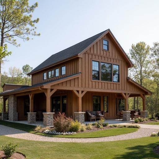 Exterior view of a stunning manufactured barndominium, blending traditional barn design with contemporary living features