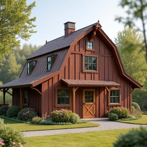 Exterior view of a stylish mini barndominium surrounded by lush greenery and open space
