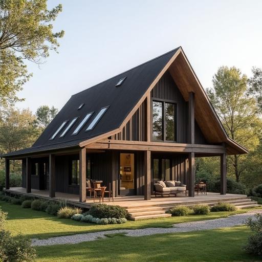 Spacious interior of a stylish prefab barndominium featuring open layout and contemporary finishes