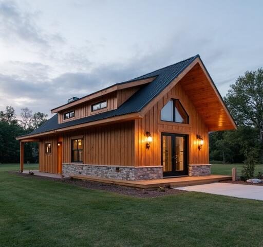 Modern prefab barndominium homes blending rustic charm and contemporary design in a picturesque rural landscape.