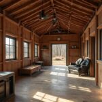 A cozy rustic barndominium nestled in nature, showcasing wooden beams and a warm, inviting interior design