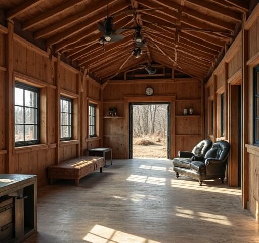 A cozy rustic barndominium nestled in nature, showcasing wooden beams and a warm, inviting interior design