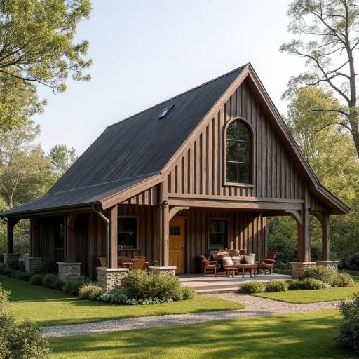 The cozy small barndominium features rustic design and a welcoming porch