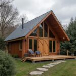 A charming tiny barndominium surrounded by lush greenery under a clear blue sky.