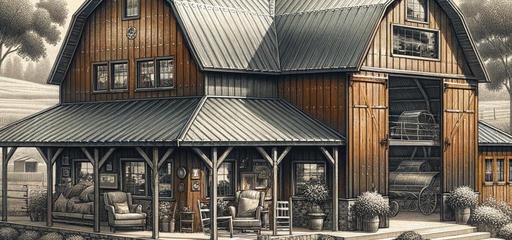 A 26 gauge steel bardominium showcasing its durable structure and rustic design in a picturesque landscape.