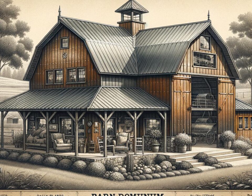 A 26 gauge steel bardominium showcasing its durable structure and rustic design in a picturesque landscape.