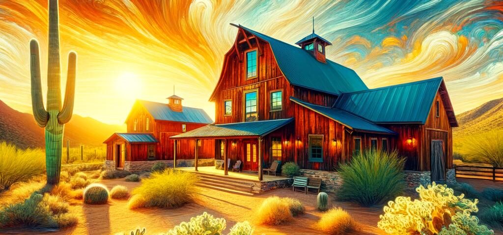 A picturesque view of ARIZONA BARN HOMES surrounded by desert landscapes and vibrant sunsets.