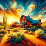 A picturesque view of ARIZONA BARN HOMES surrounded by desert landscapes and vibrant sunsets.