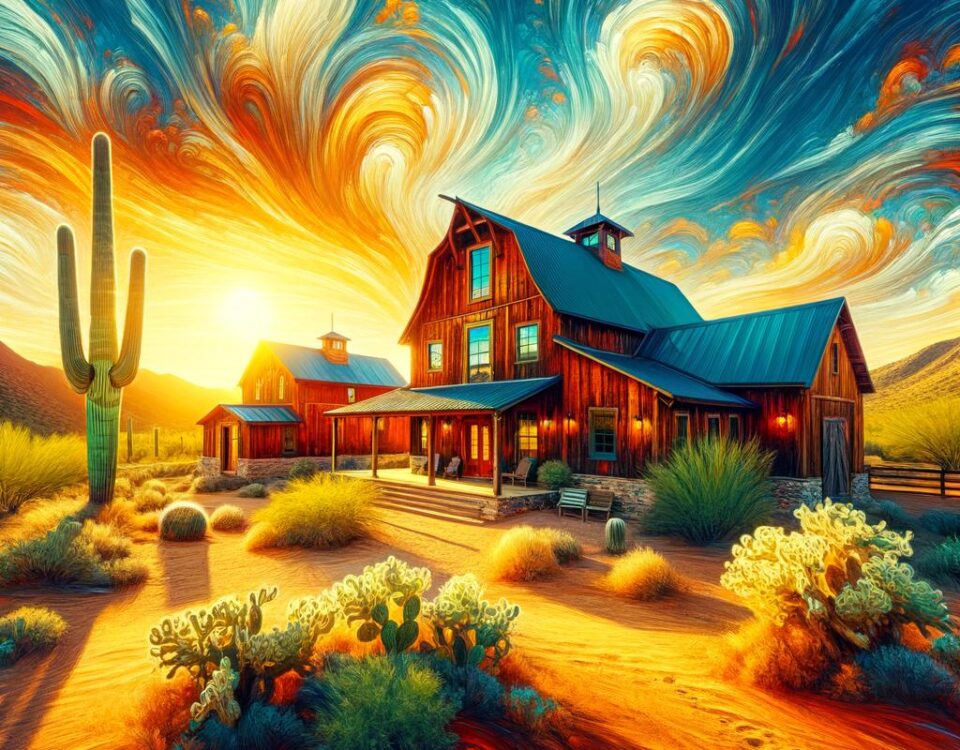 A picturesque view of ARIZONA BARN HOMES surrounded by desert landscapes and vibrant sunsets.