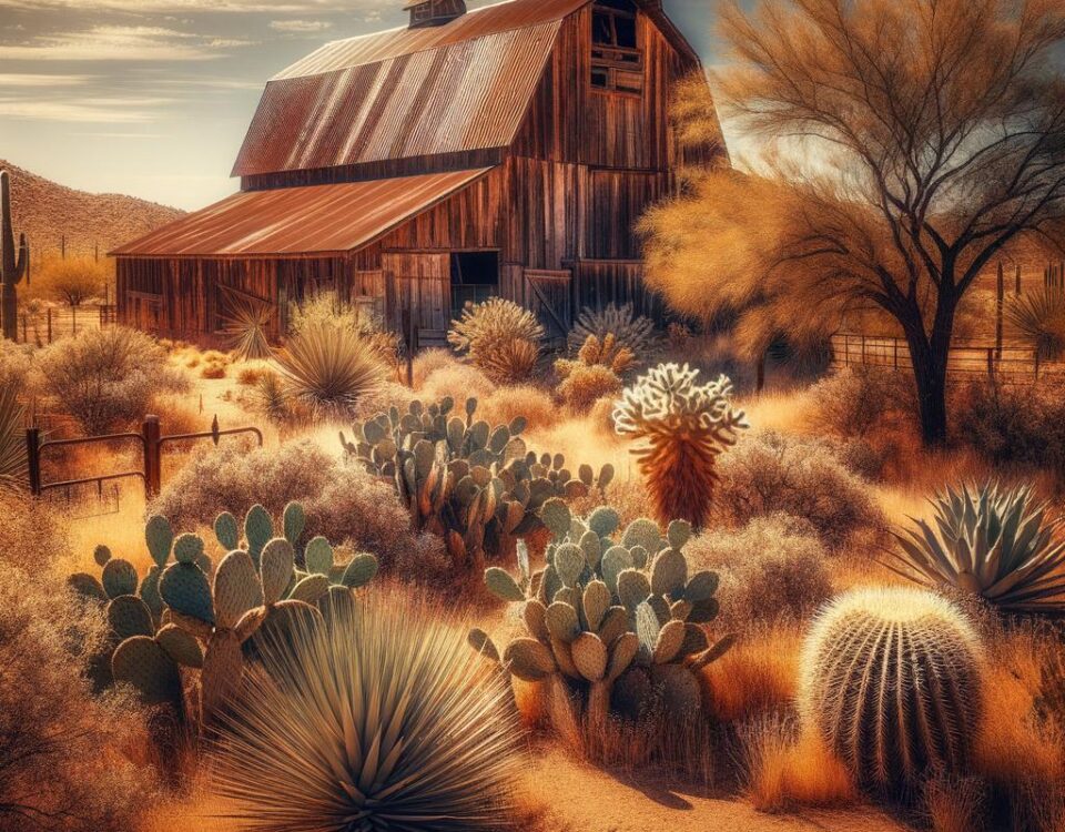 A stunning Arizona barndo showcasing rustic architecture against a desert backdrop at sunset.