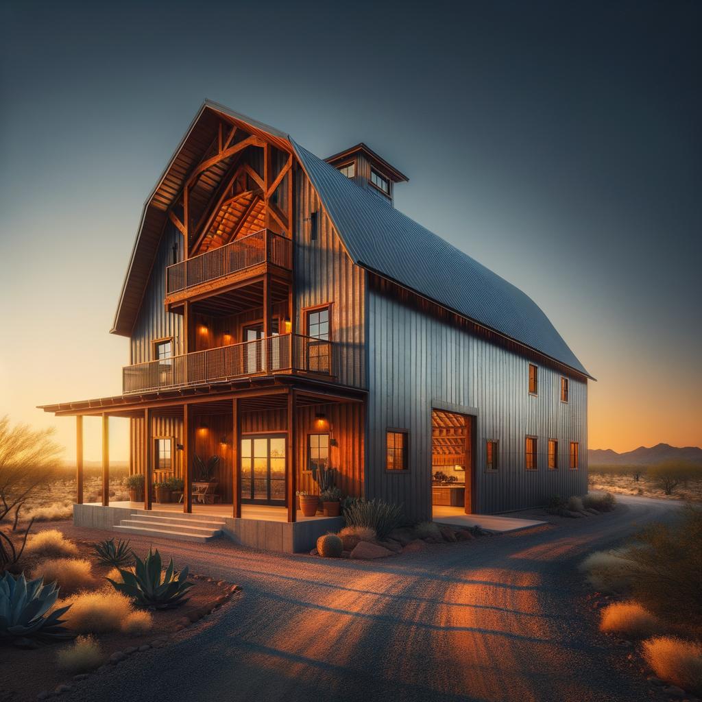 Exterior view of an Arizona steel frame barndominium surrounded by picturesque desert landscape