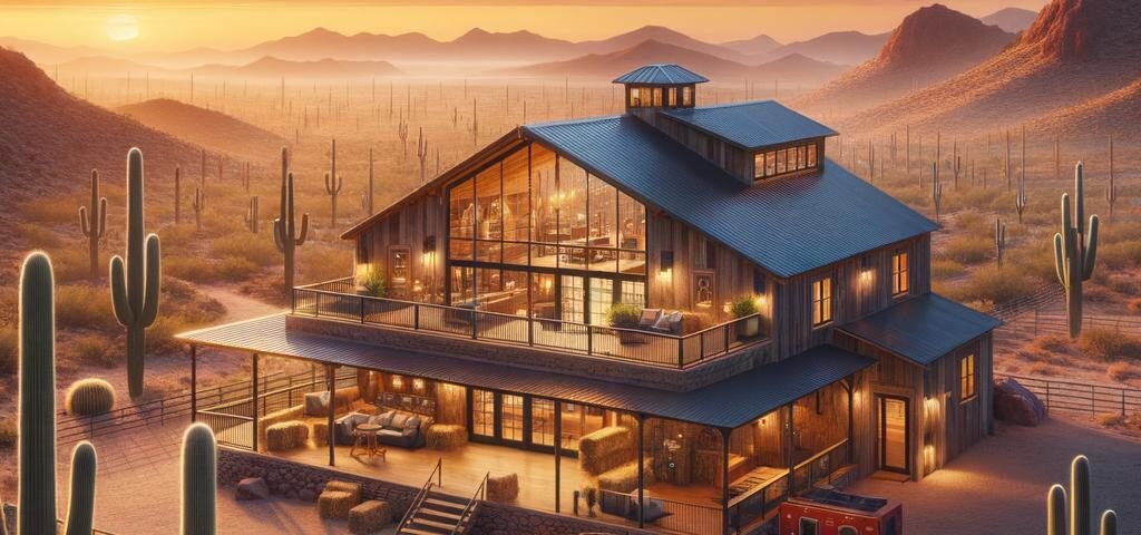 A stunning barndominium in Arizona showcasing modern design amid picturesque desert landscapes.