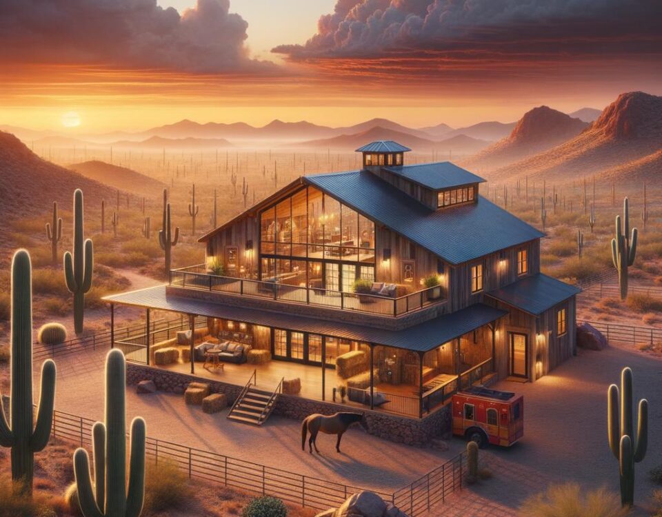 A stunning barndominium in Arizona showcasing modern design amid picturesque desert landscapes.
