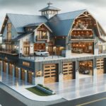 Spacious barndominium with garage featuring modern architecture and rustic charm in a scenic rural setting.