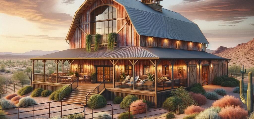Spacious barndominium with loft in Arizona showcasing a modern rustic interior and stunning desert views.