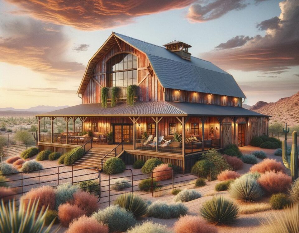 Spacious barndominium with loft in Arizona showcasing a modern rustic interior and stunning desert views.