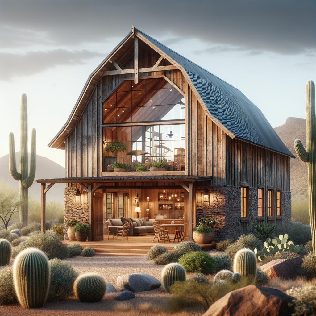 Exterior view of a barndominium with loft in Arizona, highlighting unique architecture against a vibrant sunset