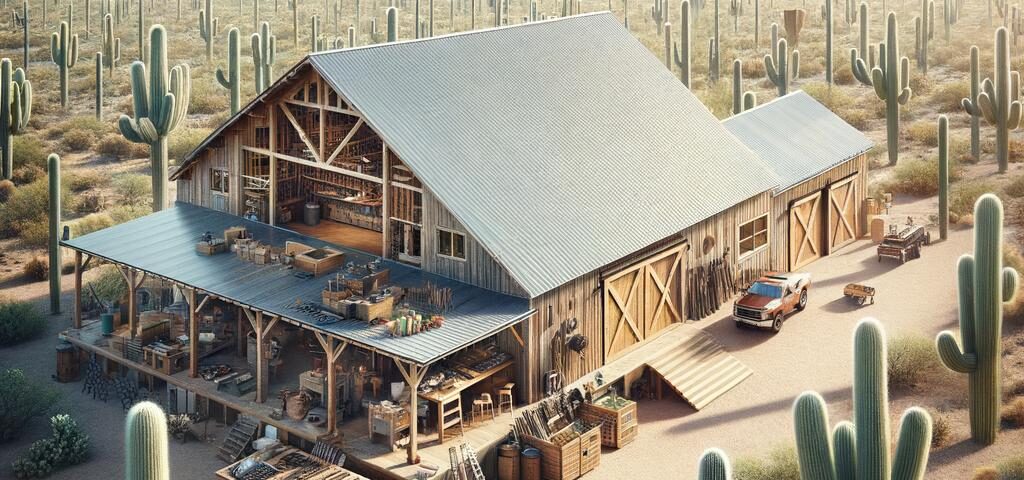 Spacious barndominium with workshop in Arizona, featuring a rustic design and stunning desert views.