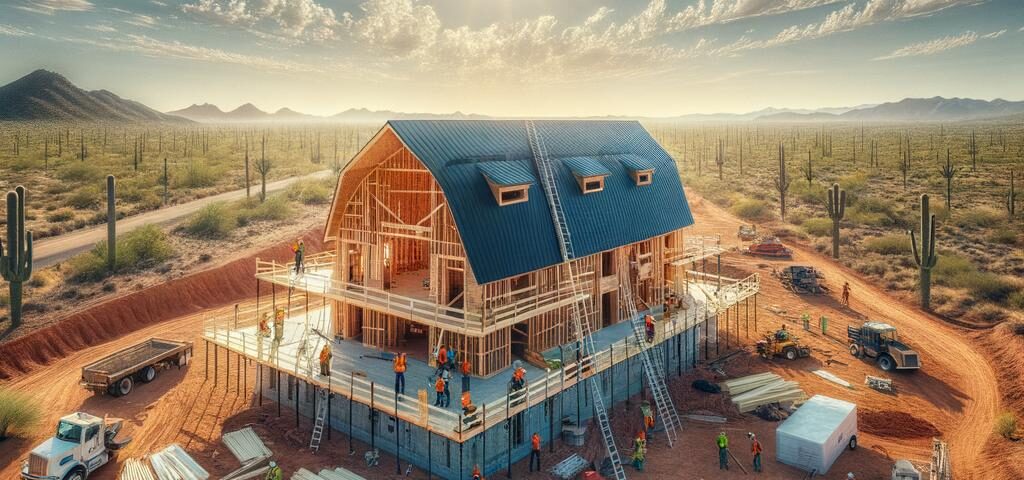 A stunning build of a barndominium in Arizona with picturesque desert landscapes in the background.