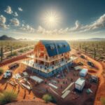 A stunning build of a barndominium in Arizona with picturesque desert landscapes in the background.
