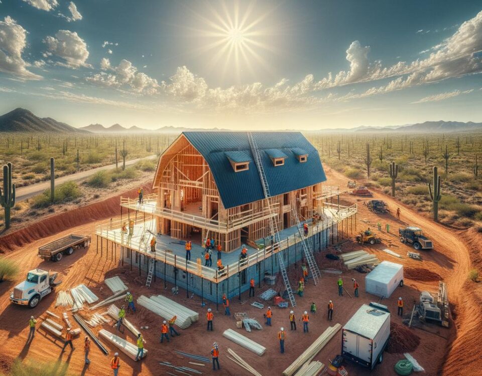 A stunning build of a barndominium in Arizona with picturesque desert landscapes in the background.