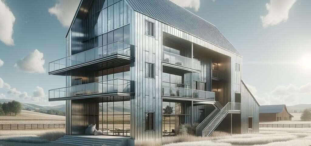 A modern cold rolled steel barndominium showcasing its sleek design and durable construction elements.