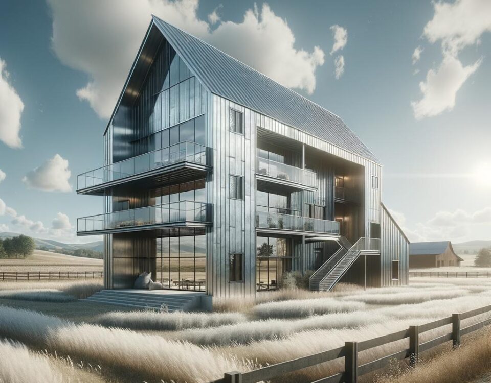 A modern cold rolled steel barndominium showcasing its sleek design and durable construction elements.