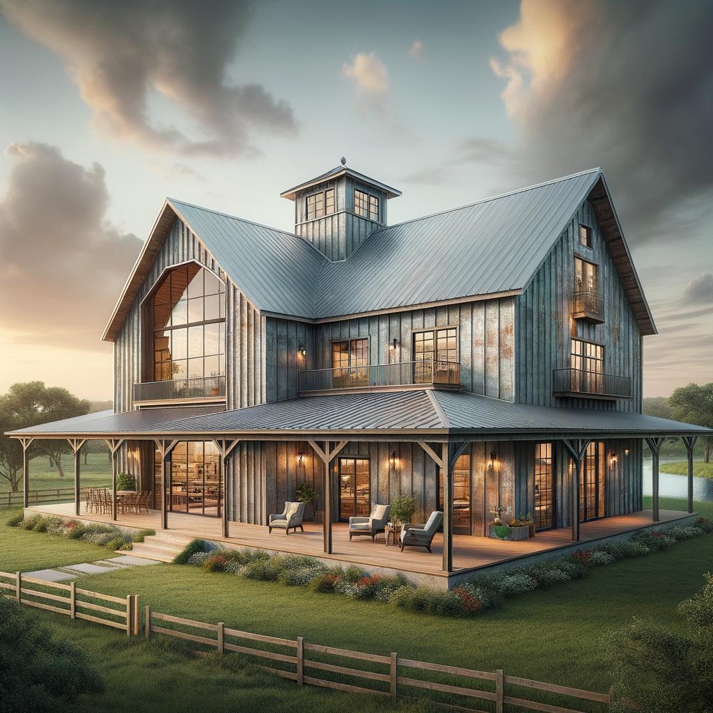 Interior view of a stylish cold rolled steel barndominium featuring open spaces and industrial finishes