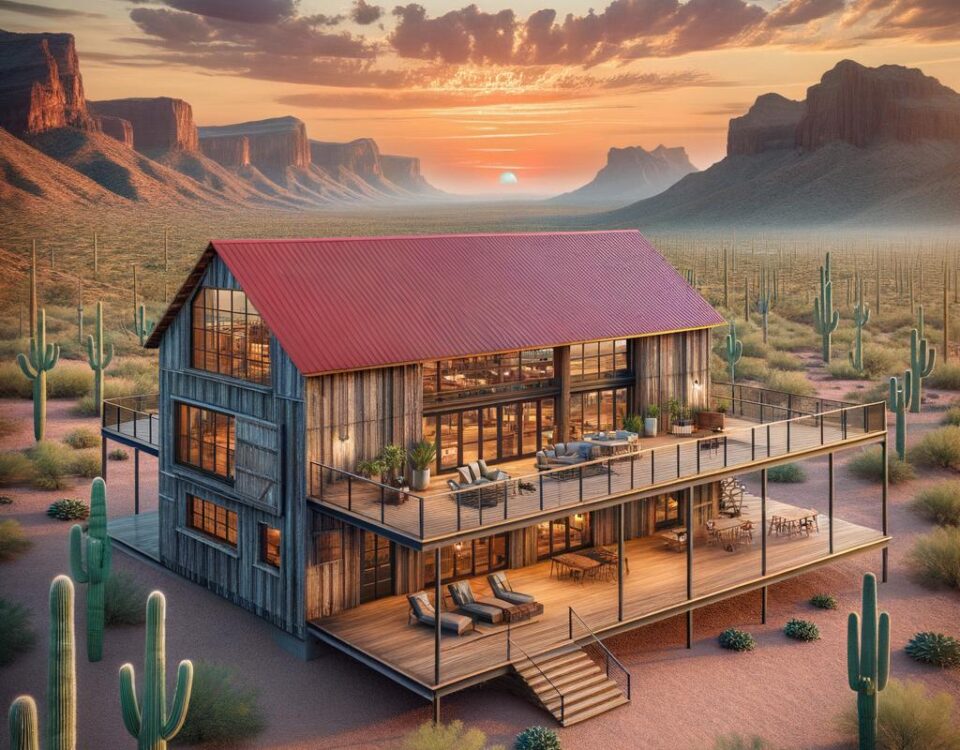 Beautiful custom barndominium in Arizona showcasing modern design and rustic charm.