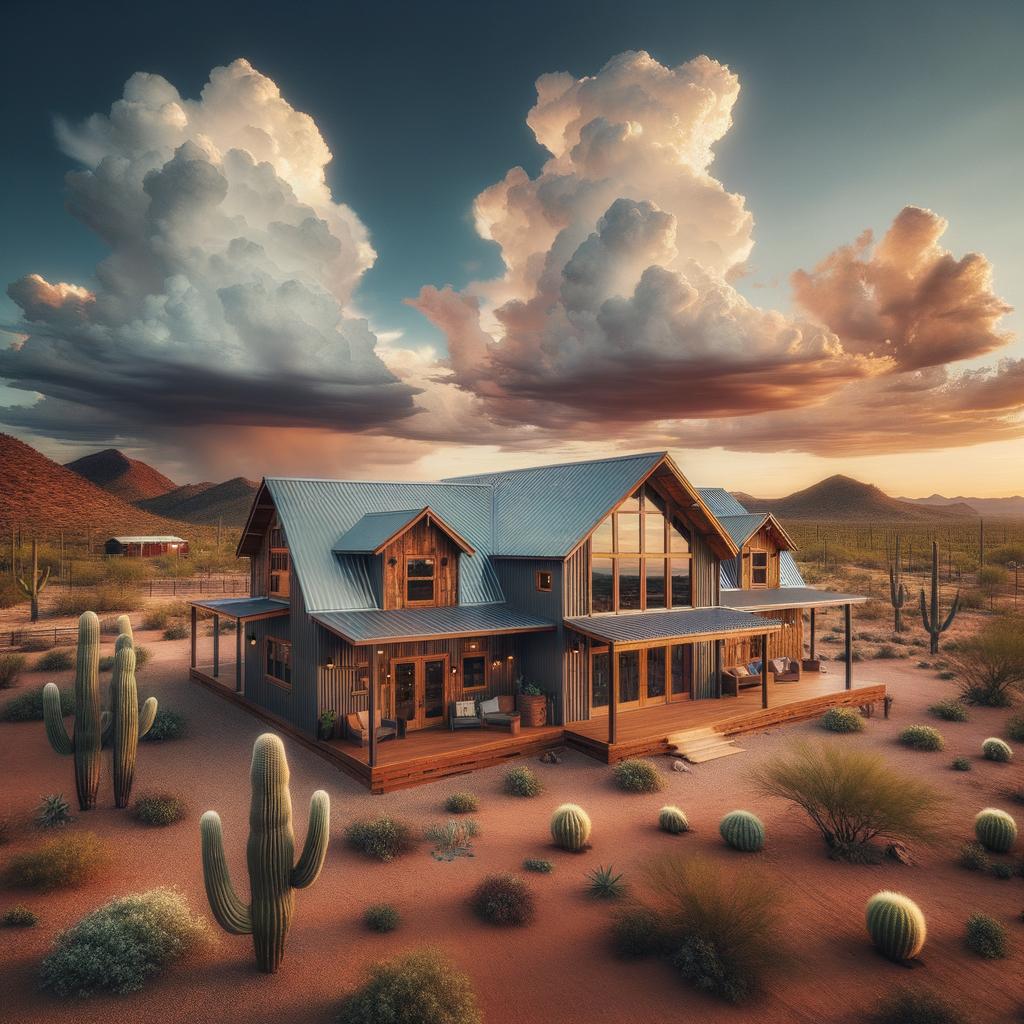 Aerial view of a stunning custom barndominium Arizona surrounded by desert landscape