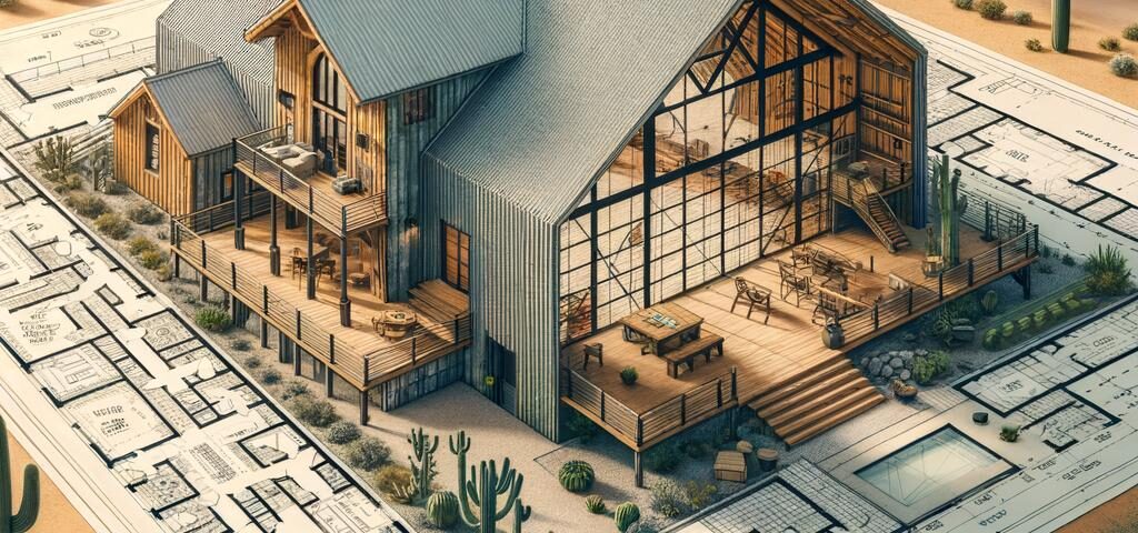 Custom barndominium plans Arizona showcasing modern designs with functional living spaces and stunning Arizona landscapes.